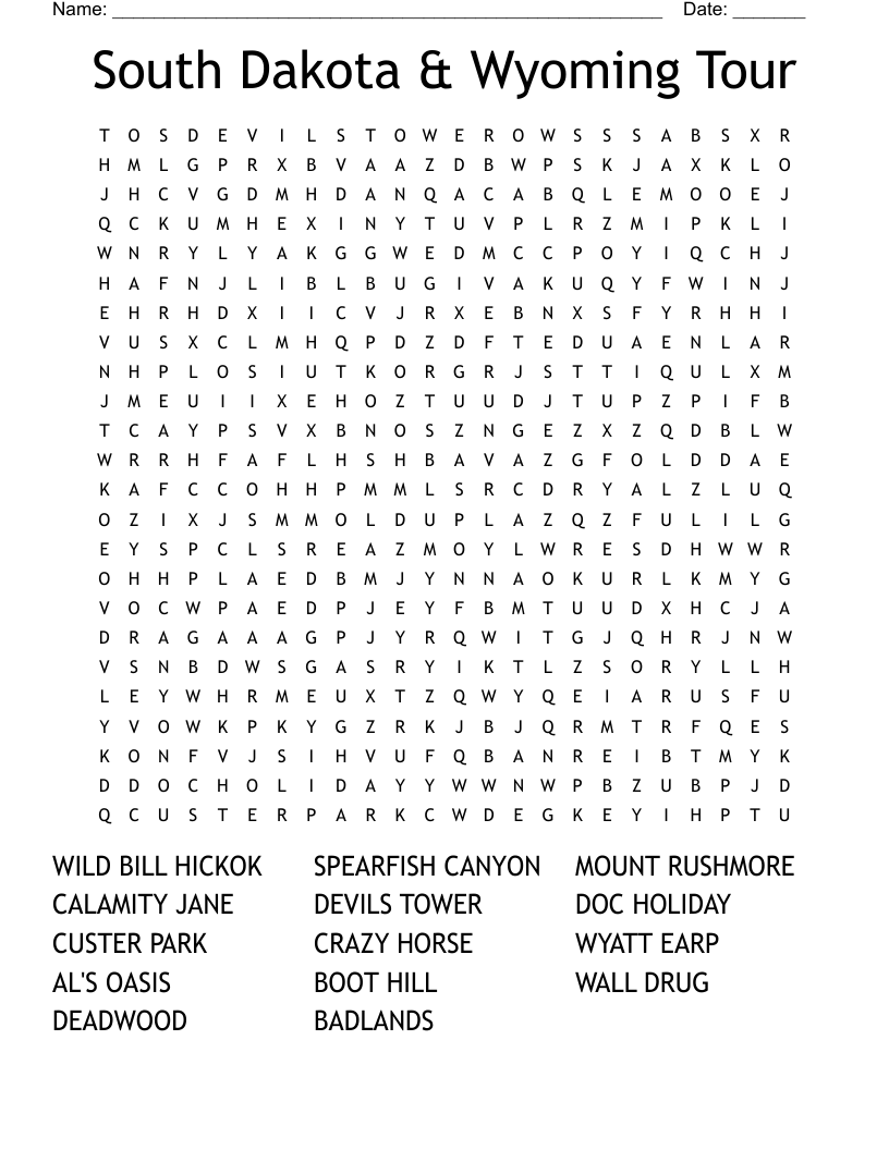 South Dakota & Wyoming Tour Word Search