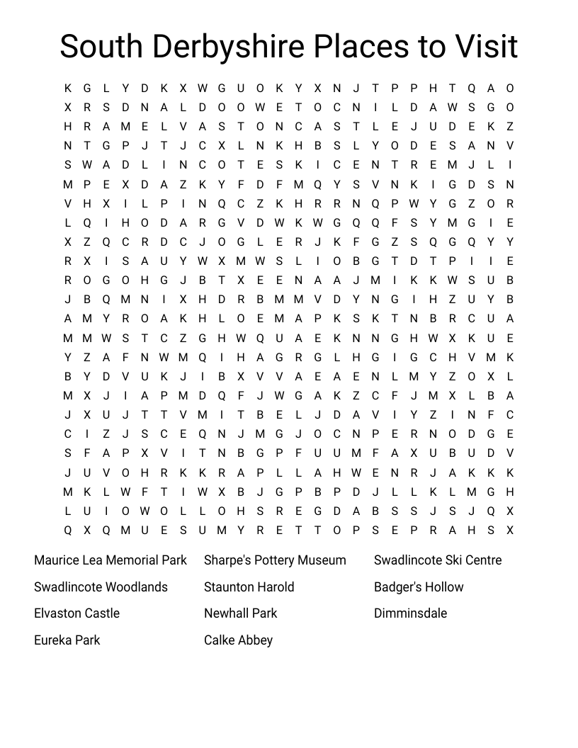 South Derbyshire Places to Visit Word Search