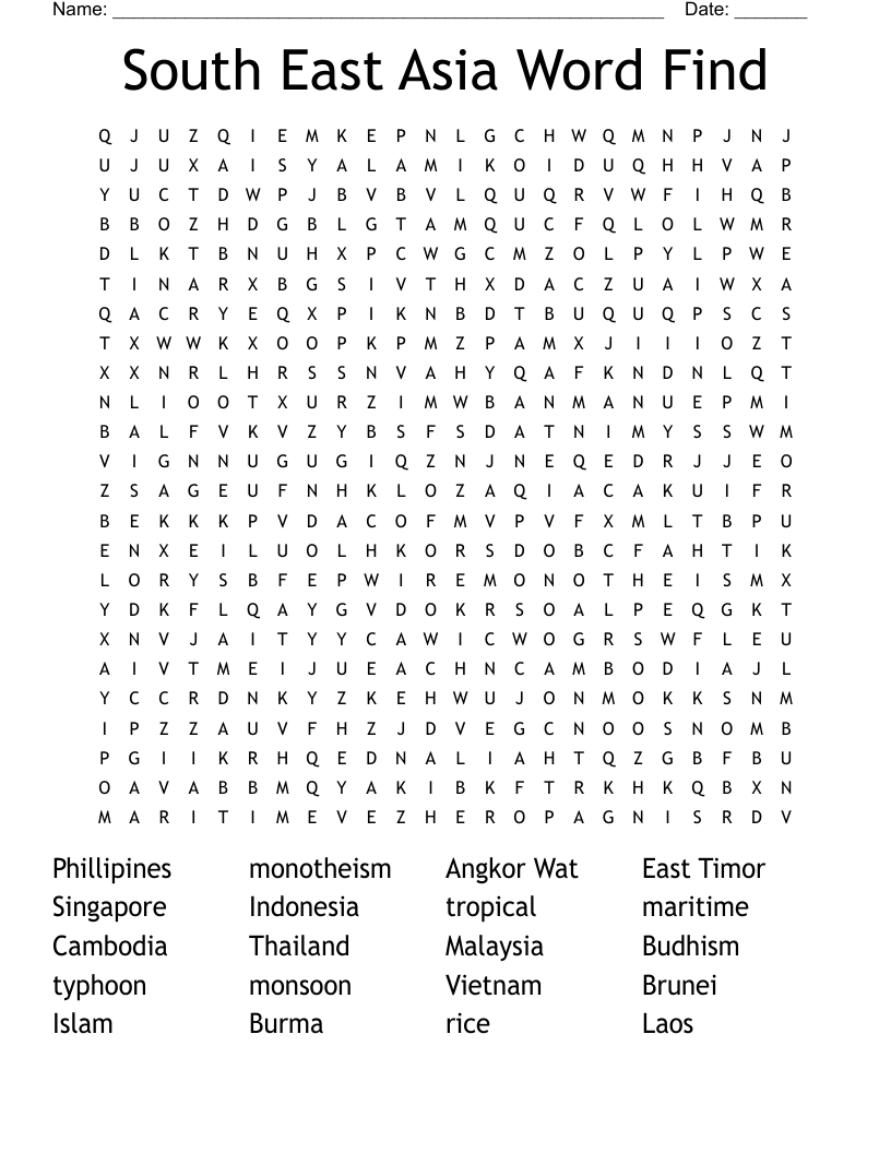 South East Asia Word Find Word Search