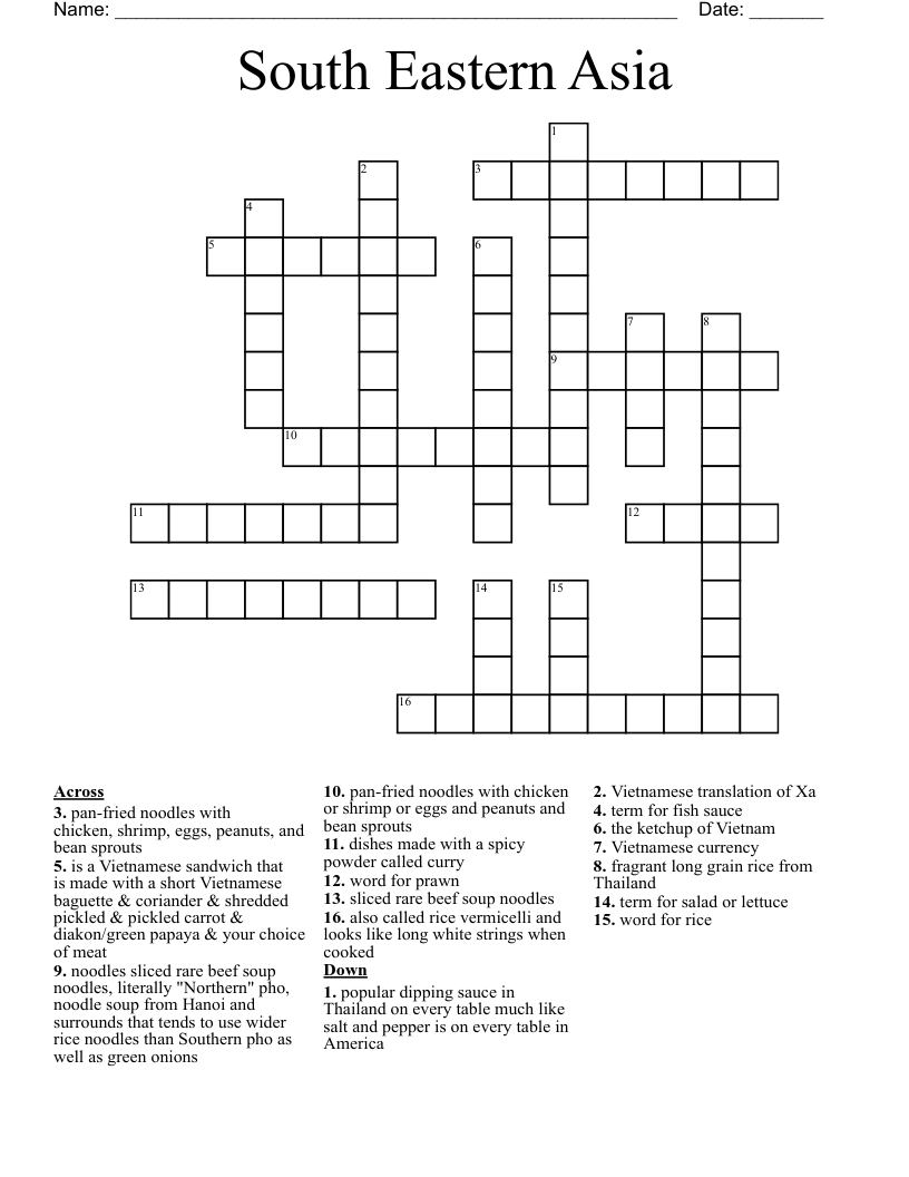 South Eastern Asia Crossword