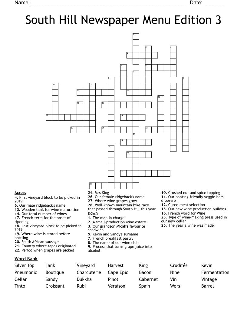 South Hill Newspaper Menu Edition 3 Crossword