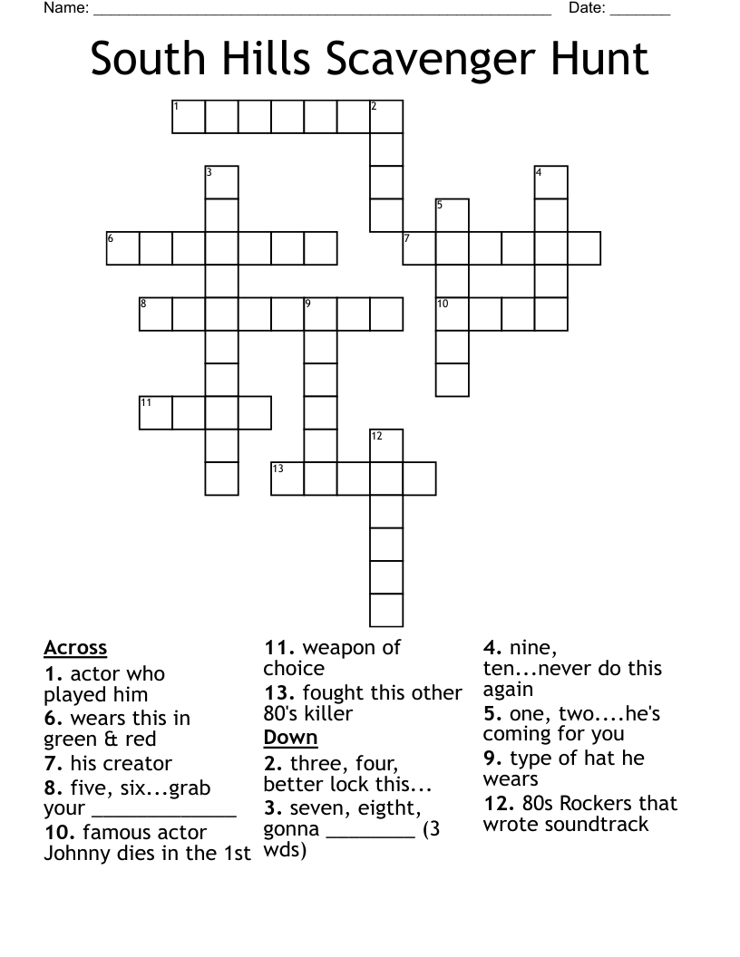 South Hills Scavenger Hunt Crossword