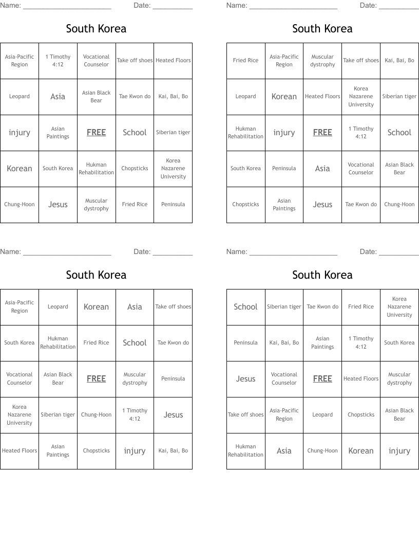 South Korea Bingo Cards