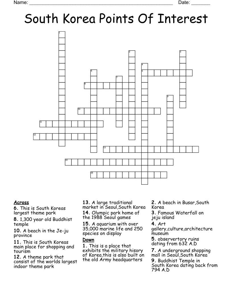South Korea Points Of Interest Crossword