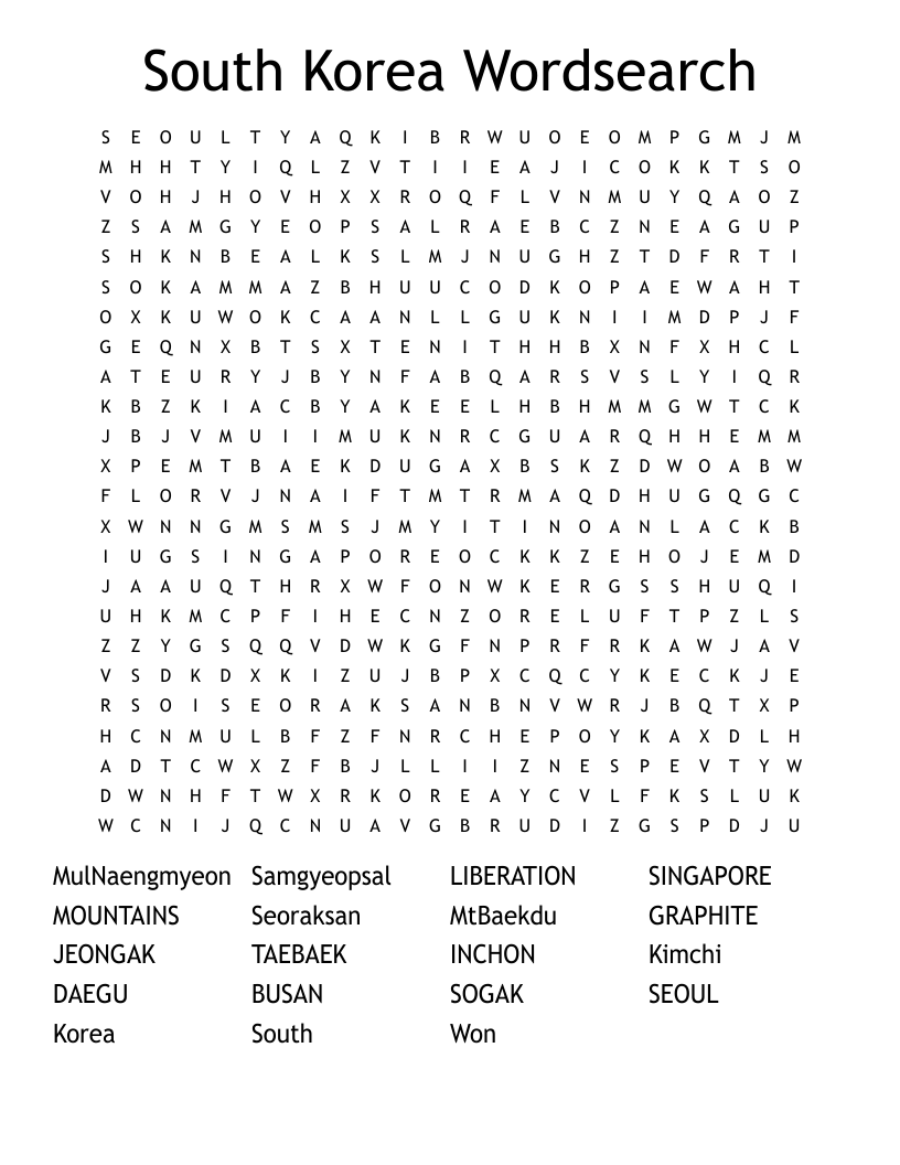 South Korea Wordsearch