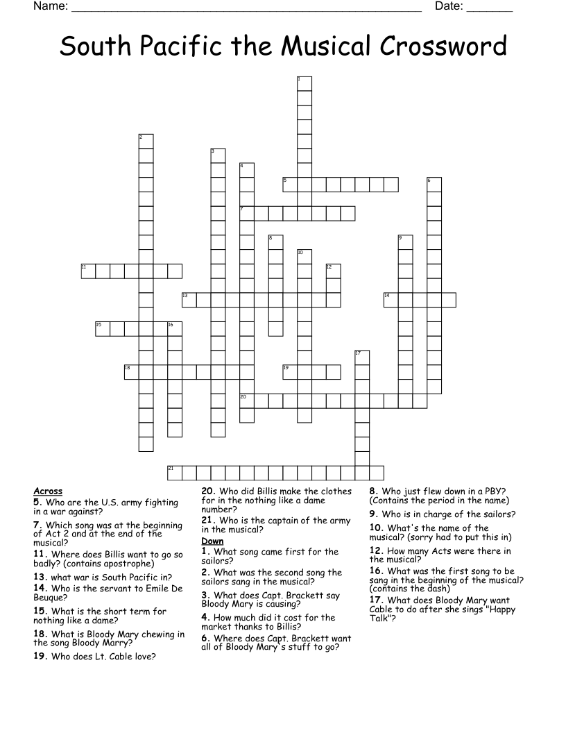 South Pacific the Musical Crossword