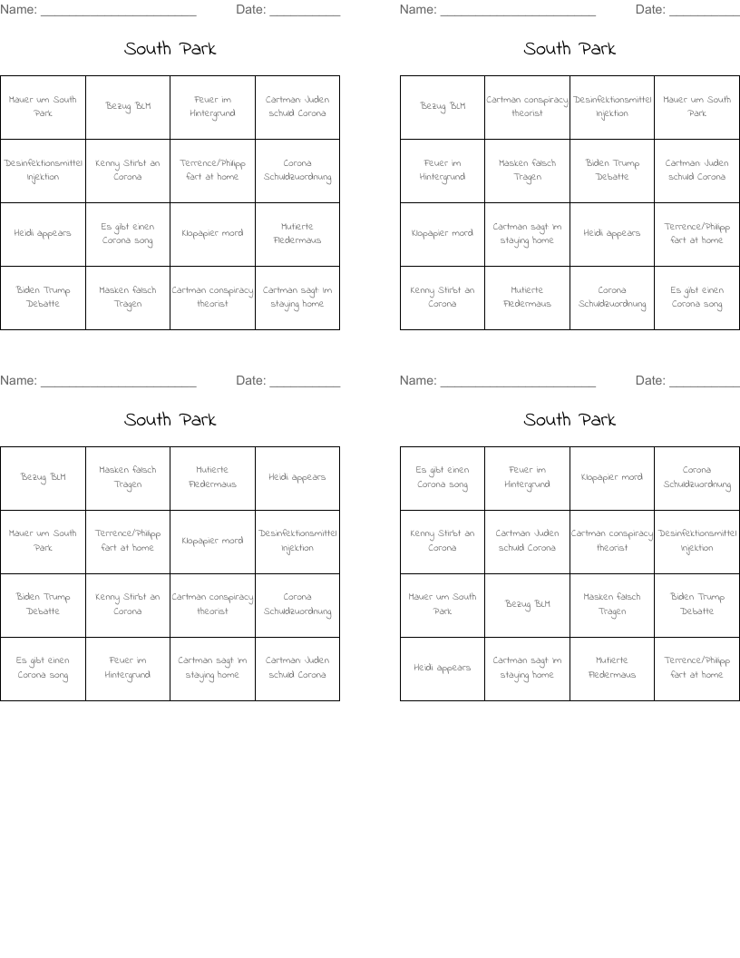 South Park Bingo Cards