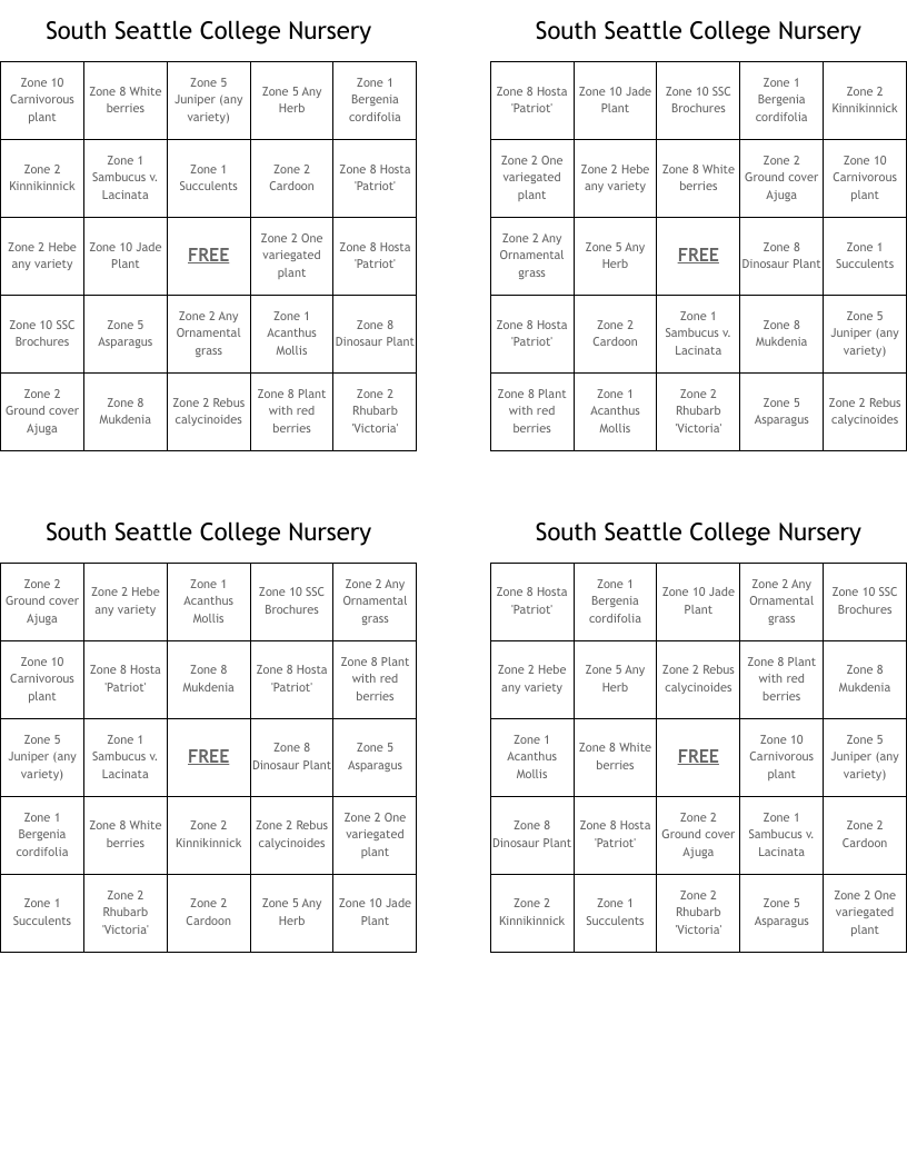 South Seattle College Nursery Bingo Cards