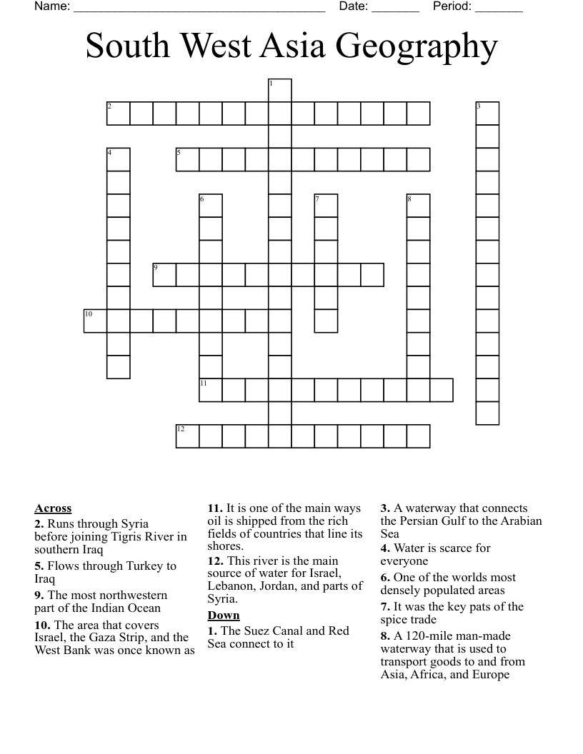 South West Asia Geography  Crossword