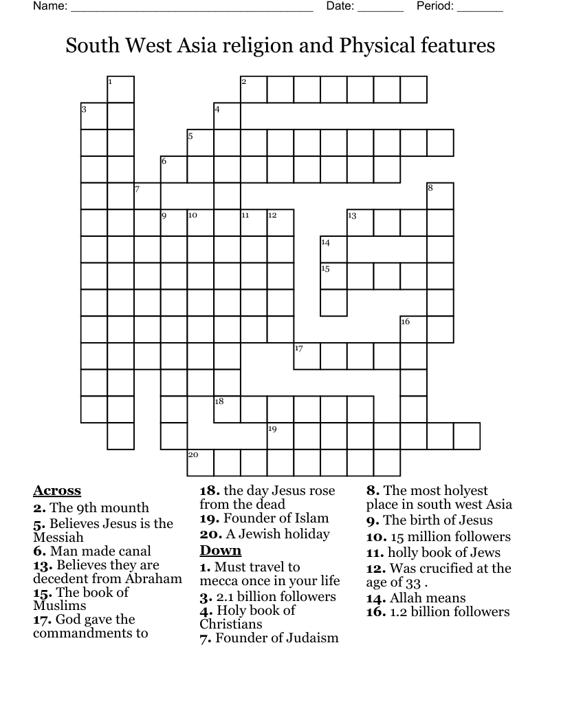 South West Asia religion and Physical features    Crossword