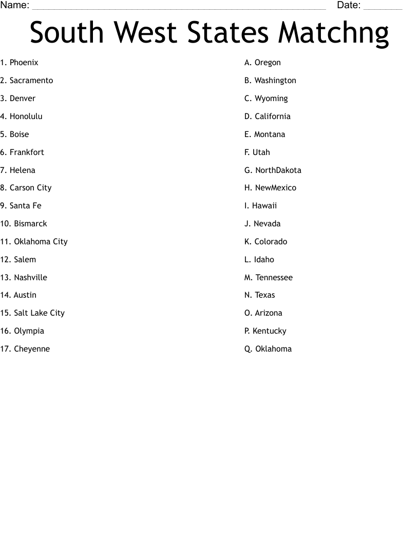 South West States Matchng Worksheet
