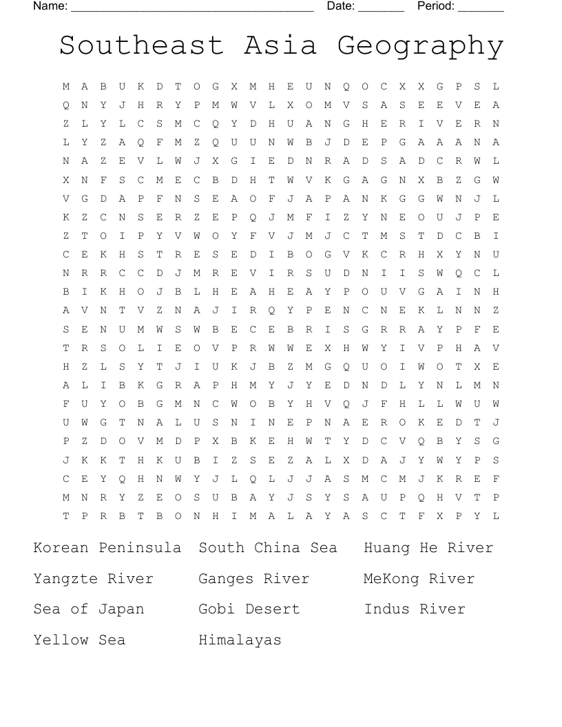 Southeast Asia Geography Word Search