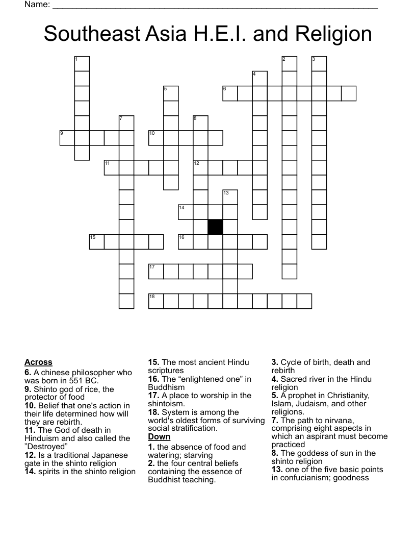 Southeast Asia H.E.I. and Religion Crossword