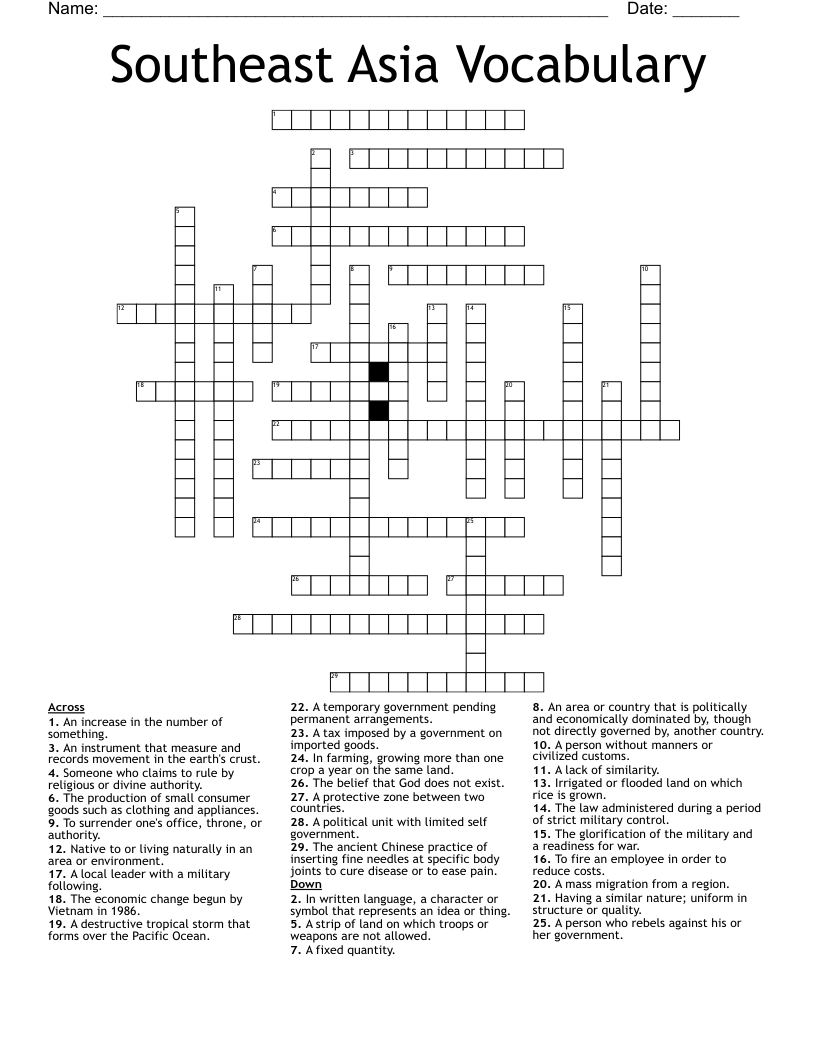 Southeast Asia Vocabulary Crossword