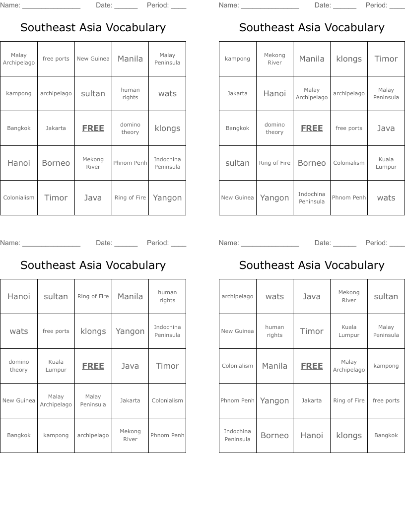 Southeast Asia Vocabulary Bingo Cards