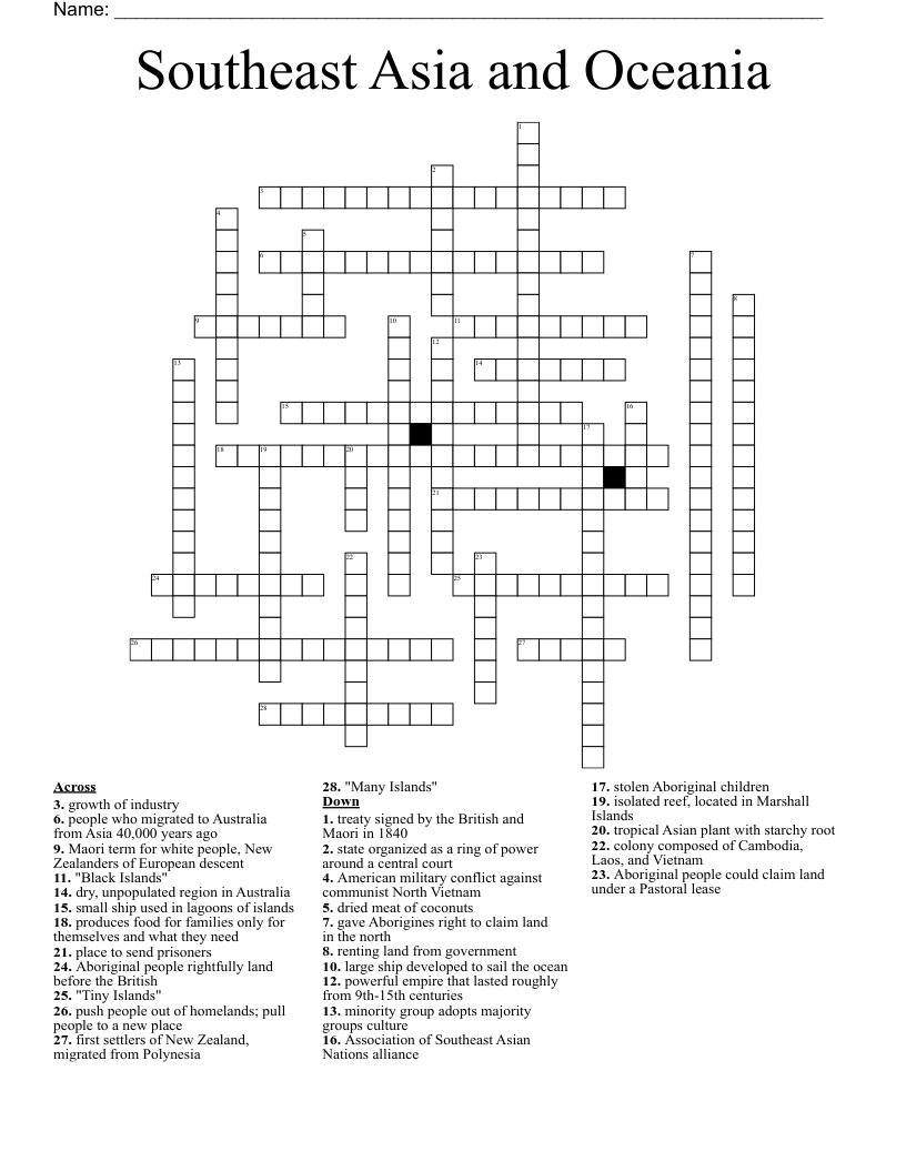 Southeast Asia and Oceania  Crossword