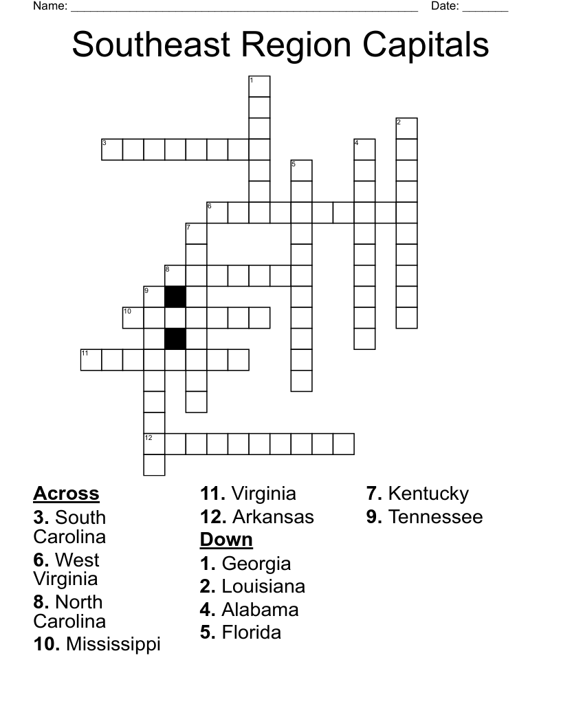 Southeast Region Capitals Crossword