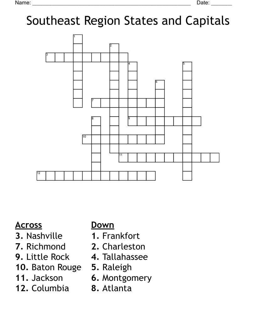 Southeast Region States and Capitals Crossword