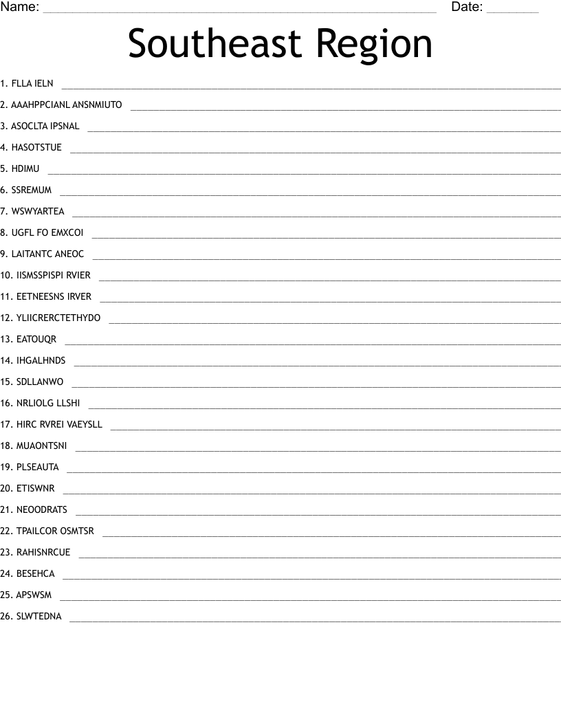 Southeast Region  Word Scramble