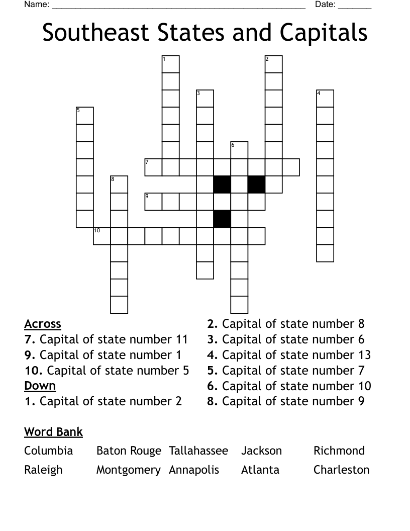 Southeast States and Capitals Crossword