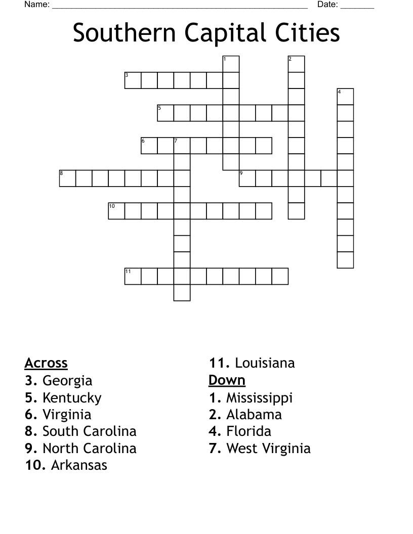 Southern Capital Cities Crossword