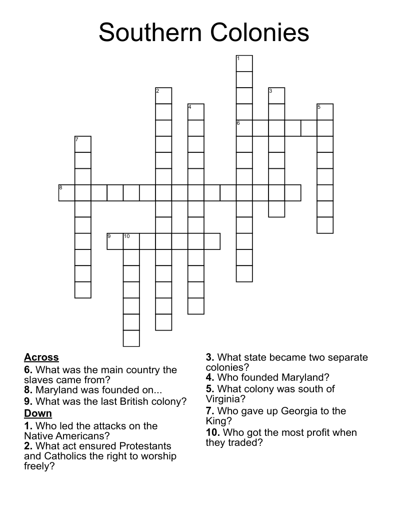 Southern Colonies Crossword