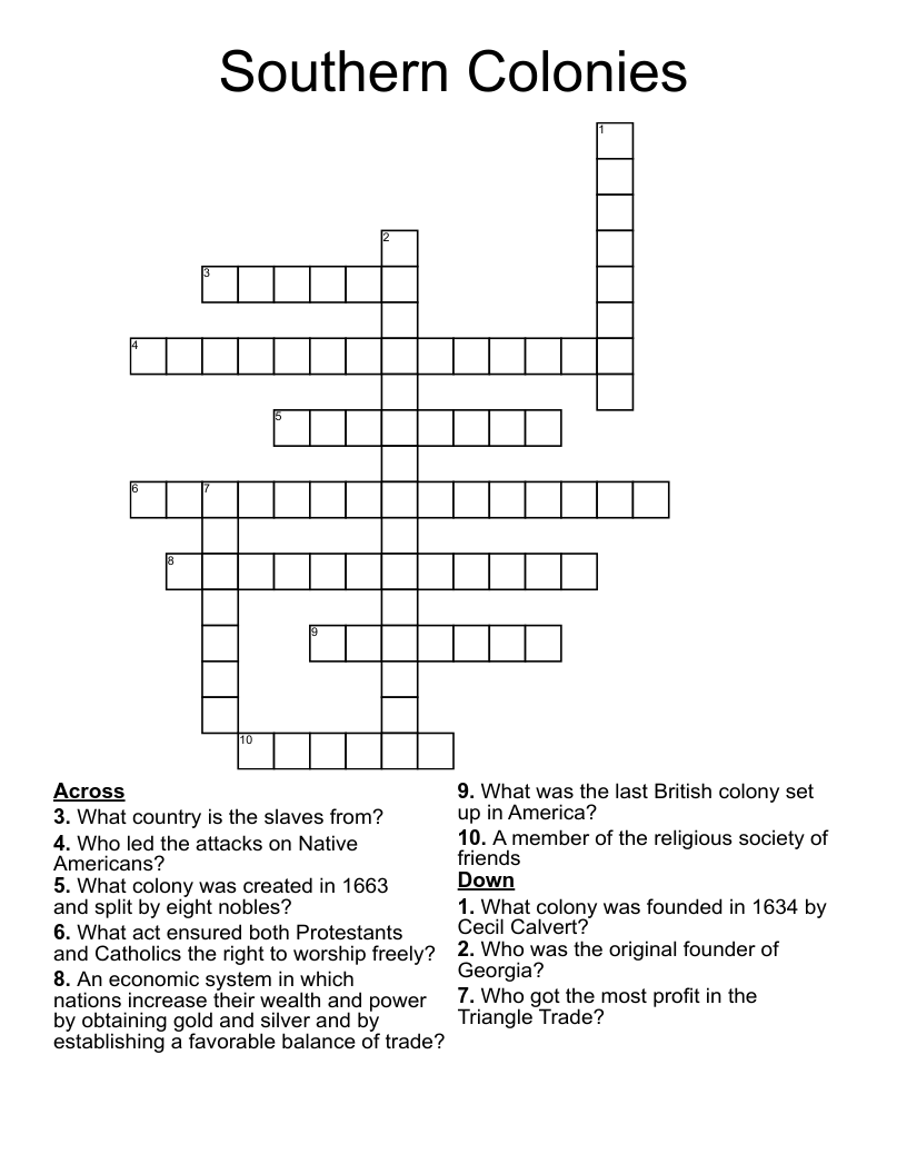 Southern Colonies Crossword