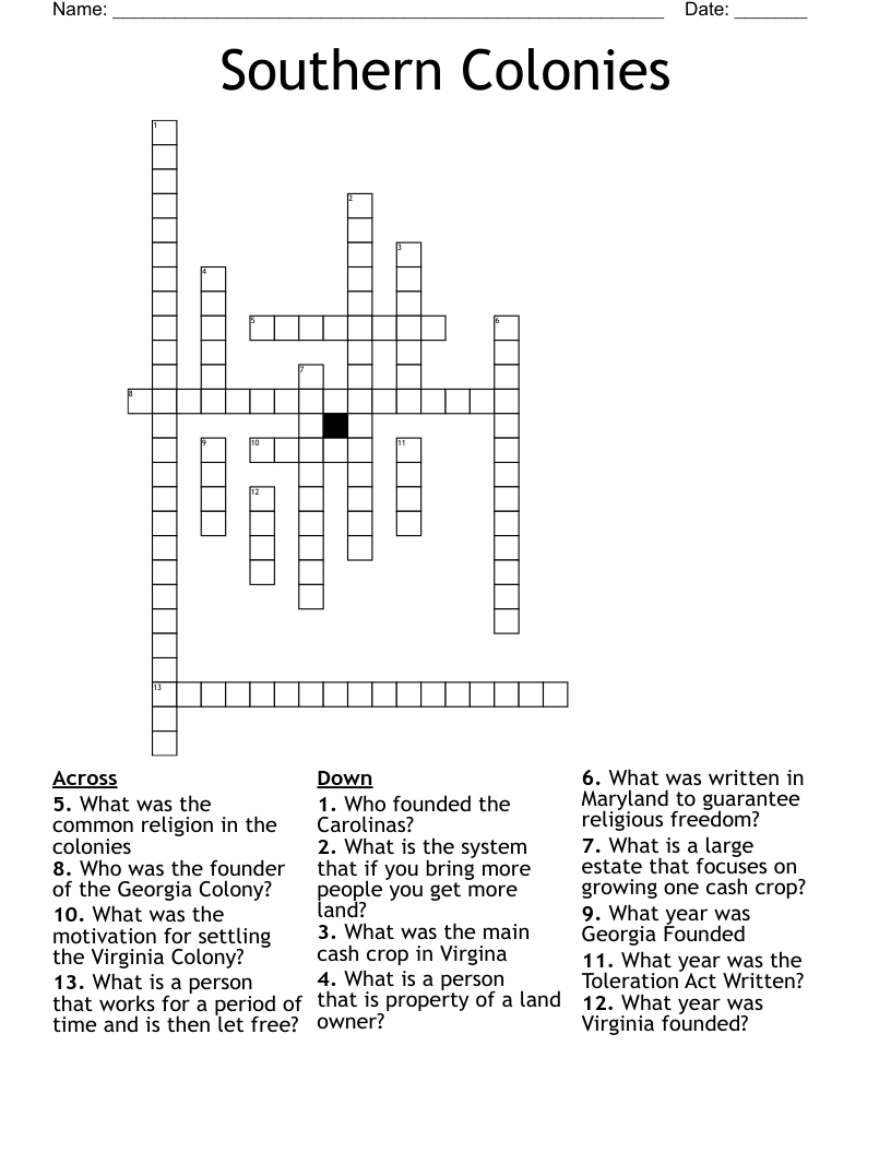 Southern Colonies Crossword