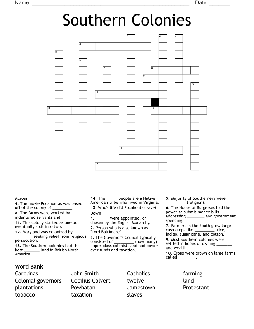 Southern Colonies Crossword