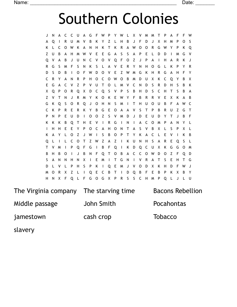 Southern Colonies Word Search