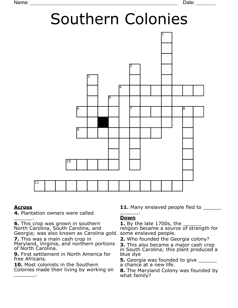 Southern Colonies Crossword