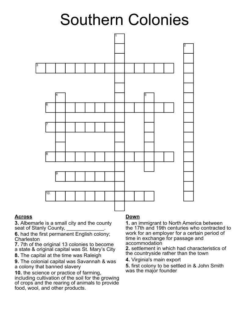 Southern Colonies Crossword