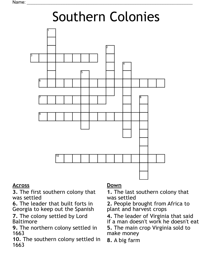 Southern Colonies Crossword