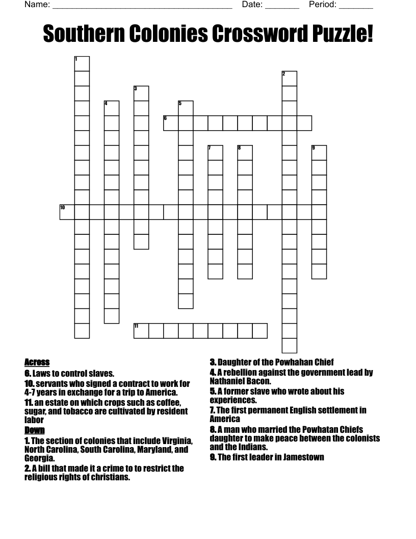 Southern Colonies Crossword Puzzle!