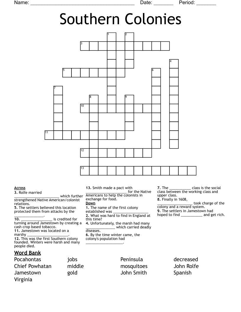 Southern Colonies  Crossword