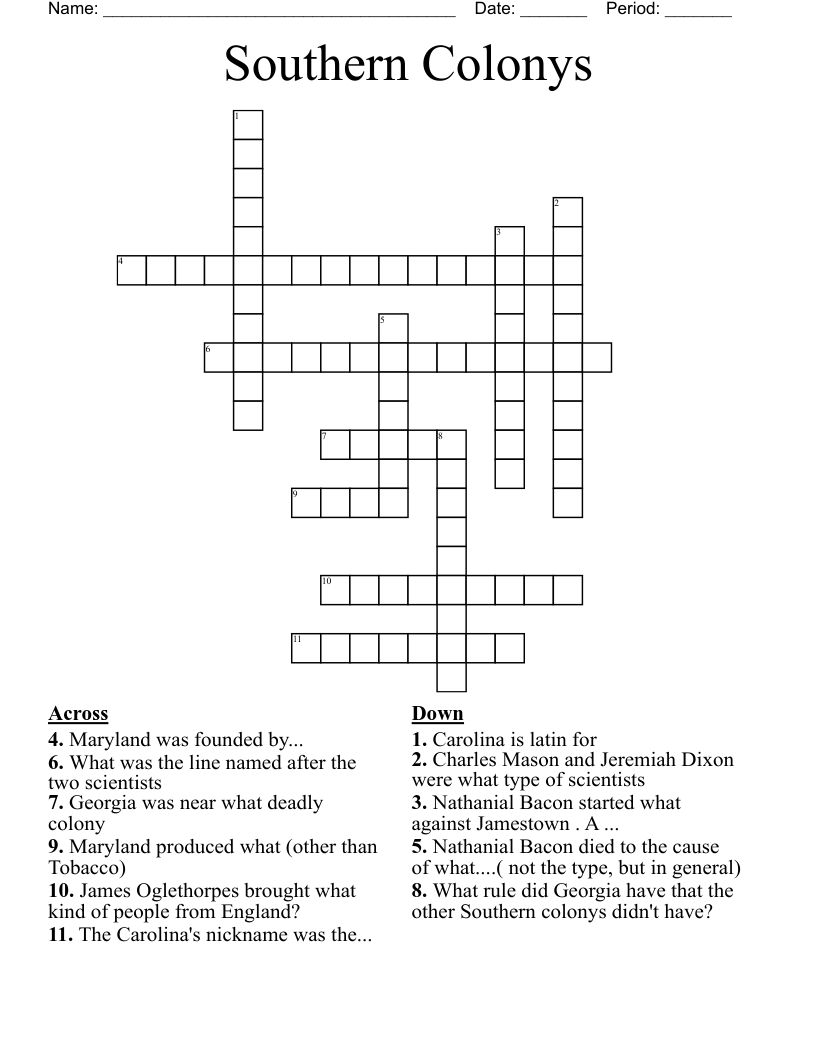 Southern Colonys Crossword