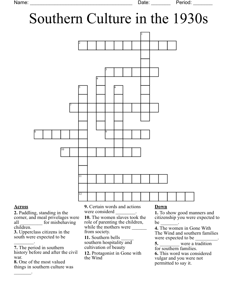 Southern Culture in the 1930s Crossword