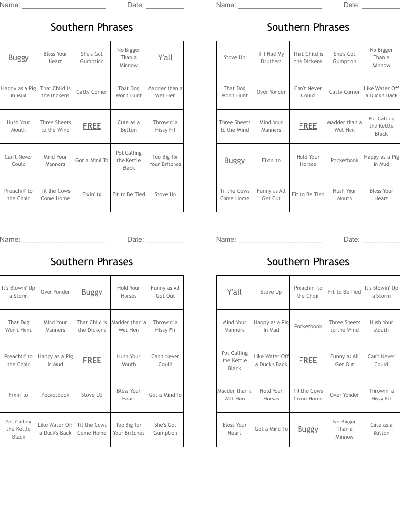 Southern Phrases Bingo Cards