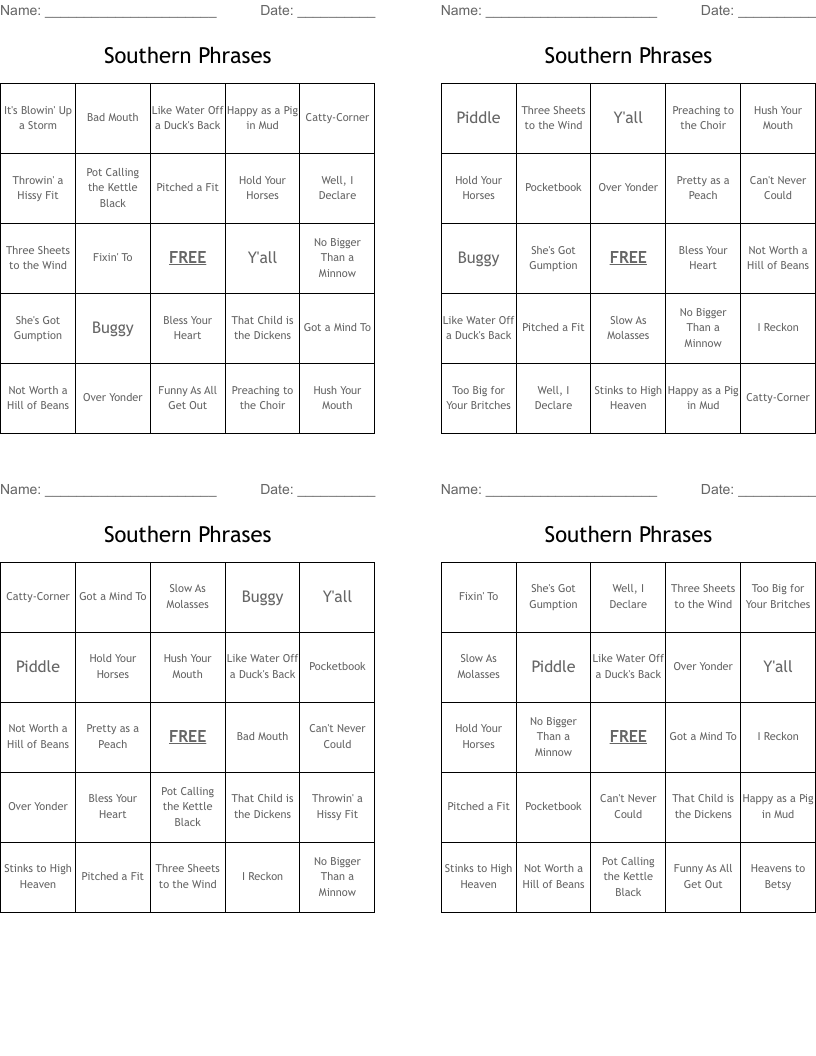 Southern Phrases Bingo Cards