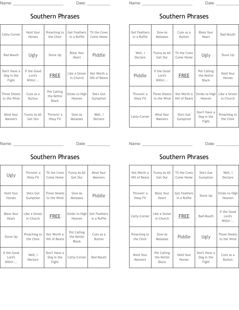 Southern Phrases Bingo Cards