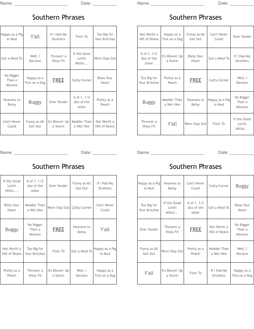 Southern Phrases Bingo Cards