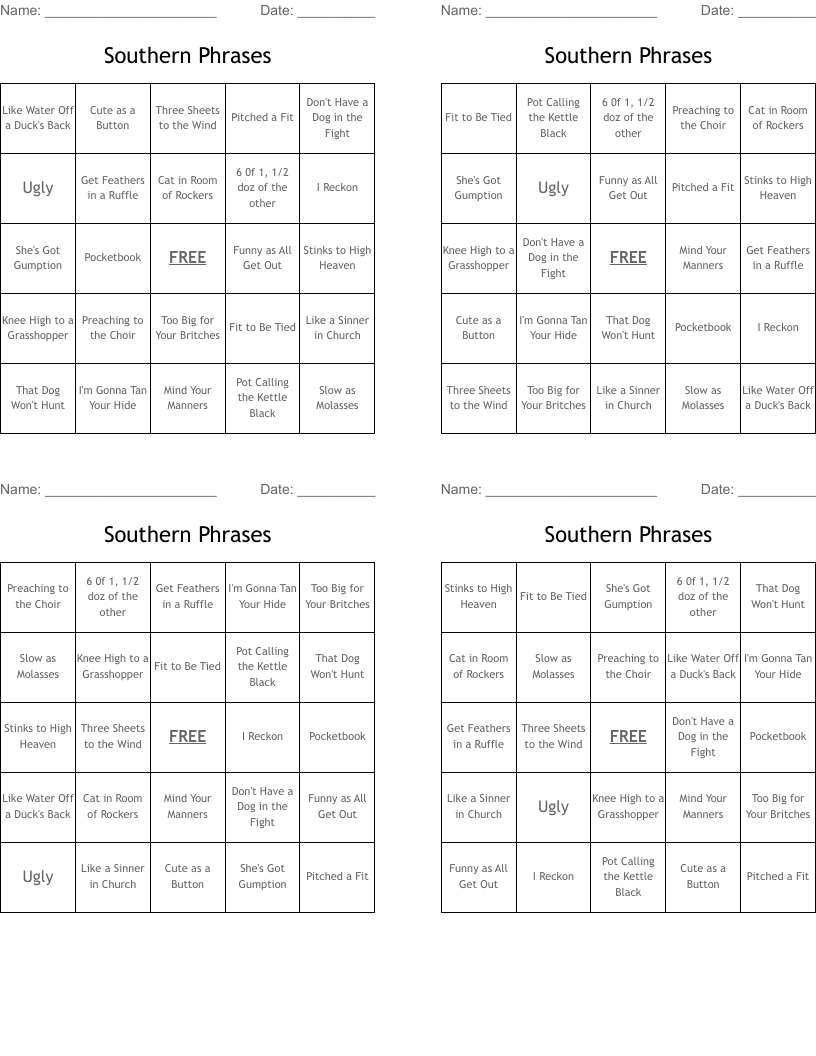 Southern Phrases Bingo Cards