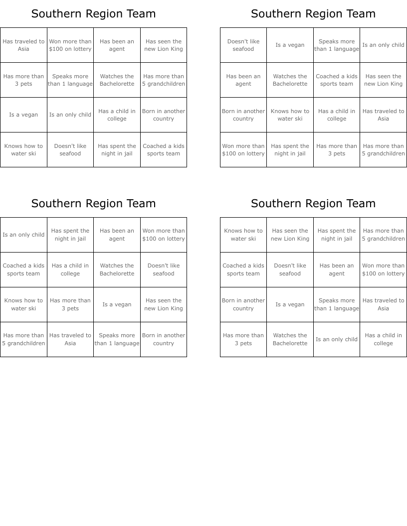 Southern Region Team Bingo Cards