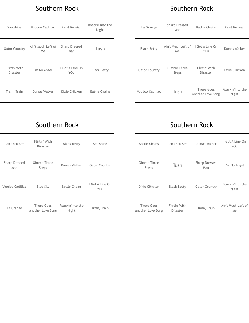 Southern Rock  Bingo Cards