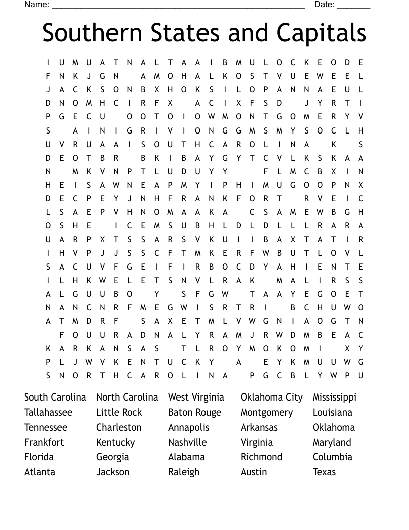 Southern States and Capitals Word Search