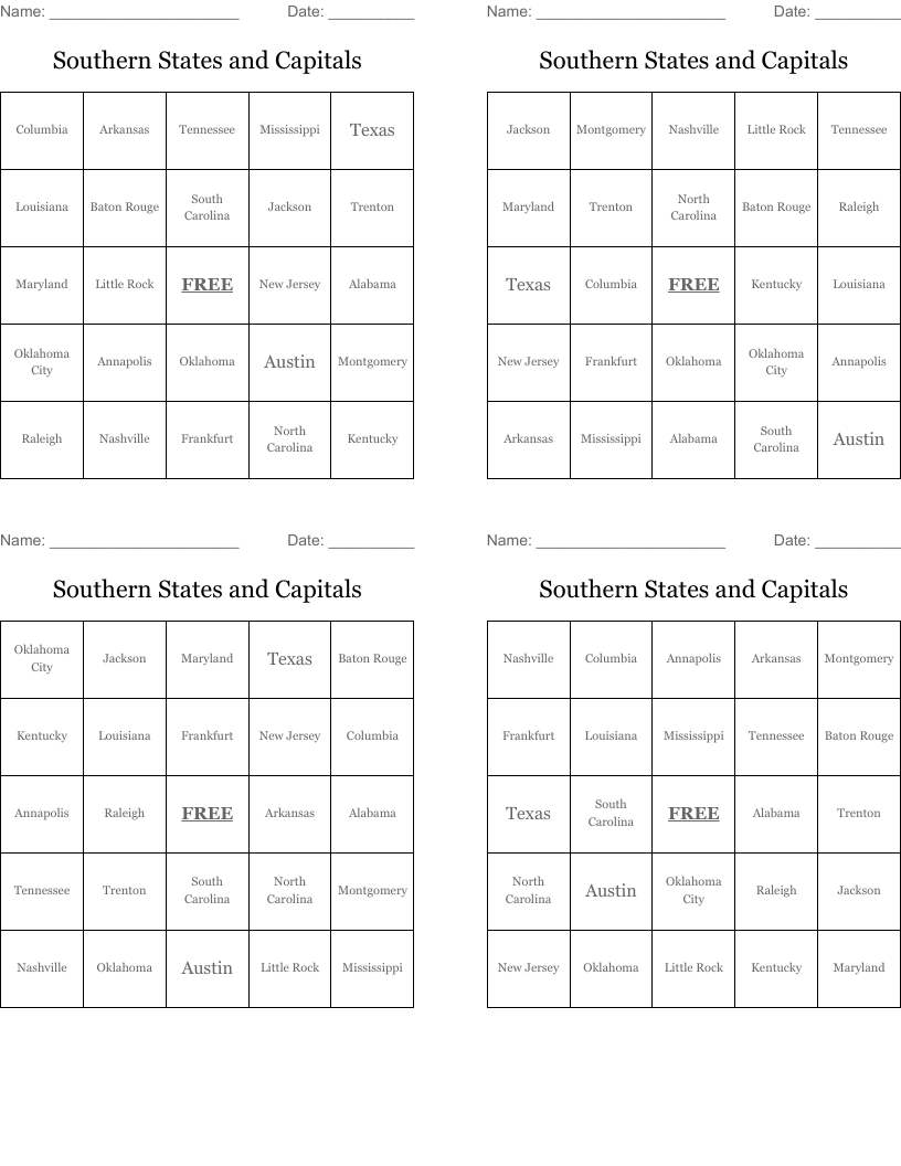 Southern States and Capitals Bingo Cards