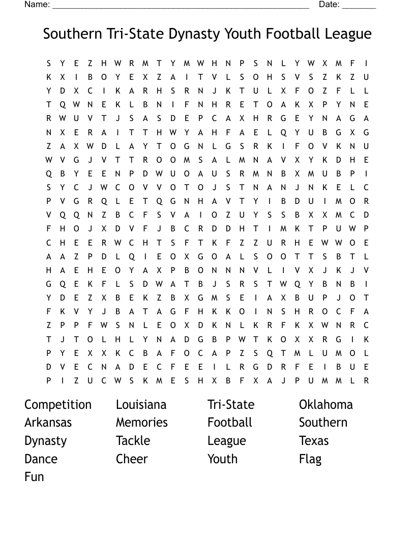Southern Tri-State Dynasty Youth Football League Word Search