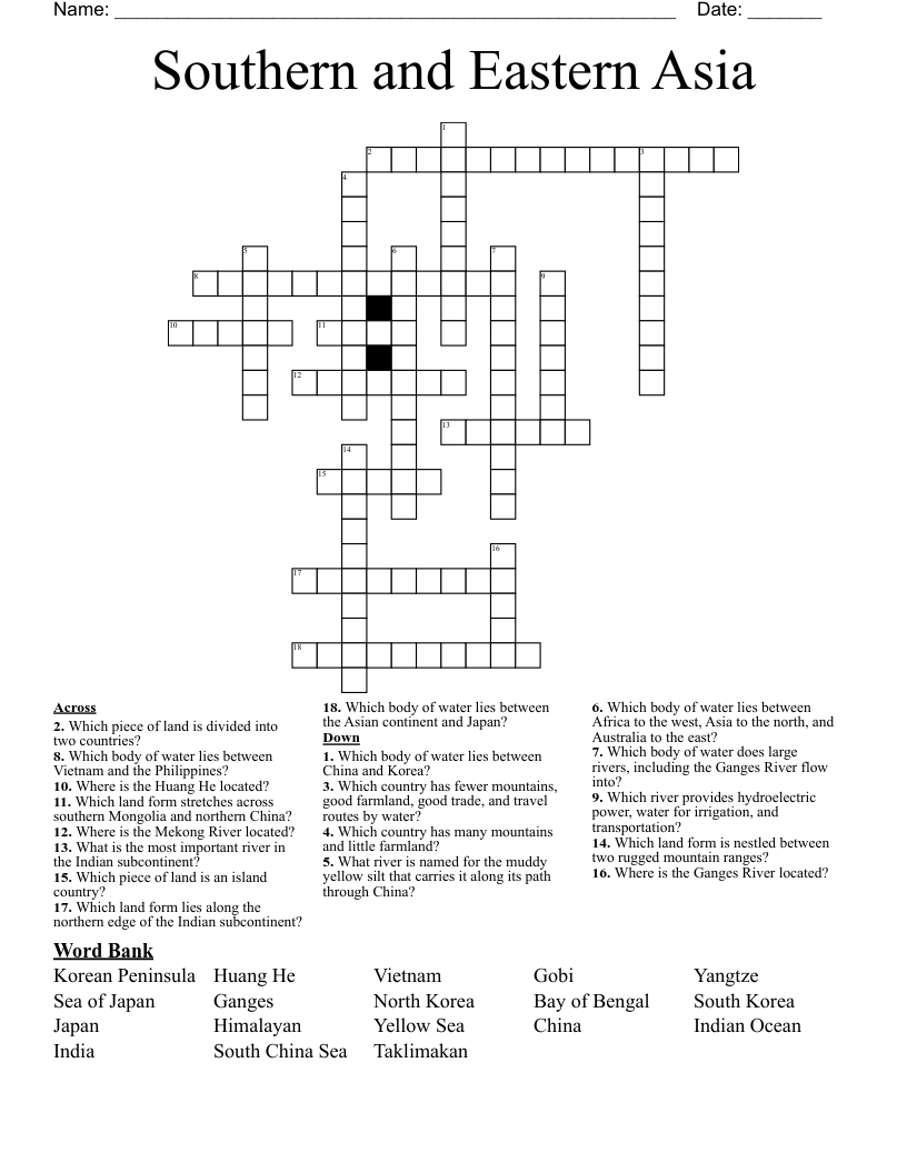 Southern and Eastern Asia Crossword