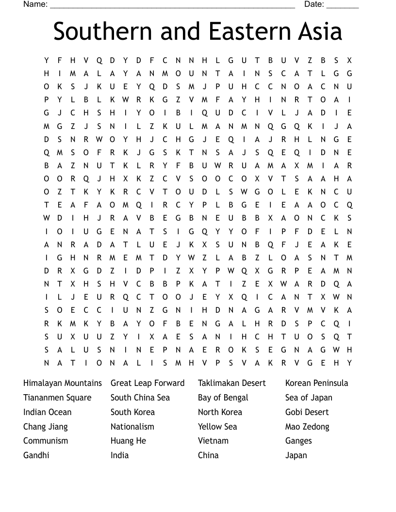 Southern and Eastern Asia Word Search