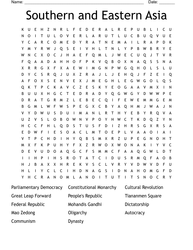 Southern and Eastern Asia Word Search